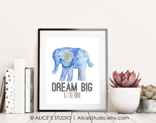 Watercolor Elephant Nursery Art Print Dream Big Decor - Digital Printable