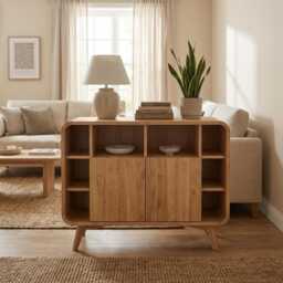 Wood Bookcase/Shelving Unit Console With Shelving, High Dresser Shelf, Book Stand Record Storage Media Console, Art Deco, Cupboard