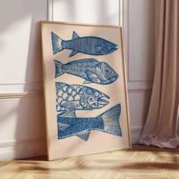 Fish Wall Art Print, Nautical Coastal Poster, Blue Linocut Style Illustration, Modern Ocean Artwork, Beach House Sea Life Decor - thumbnail 2