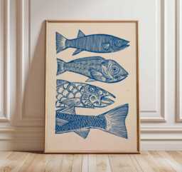 Fish Wall Art Print, Nautical Coastal Poster, Blue Linocut Style Illustration, Modern Ocean Artwork, Beach House Sea Life Decor - thumbnail 1