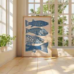 Fish Wall Art Print, Nautical Coastal Poster, Blue Linocut Style Illustration, Modern Ocean Artwork, Beach House Sea Life Decor - thumbnail 3