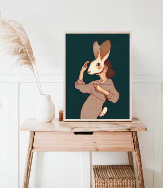 Poster Of An Illustration A Woman Wearing Beige Dress & Rabbit Mask Format 12'' X 16'' Forest Green Background - image 1