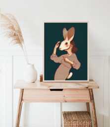 Poster Of An Illustration A Woman Wearing Beige Dress & Rabbit Mask Format 12'' X 16'' Forest Green Background - thumbnail 1