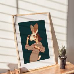 Poster Of An Illustration A Woman Wearing Beige Dress & Rabbit Mask Format 12'' X 16'' Forest Green Background - thumbnail 2
