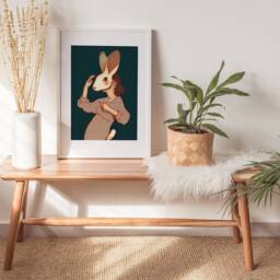 Poster Of An Illustration A Woman Wearing Beige Dress & Rabbit Mask Format 12'' X 16'' Forest Green Background - thumbnail 3