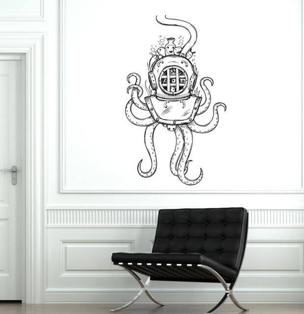 Wall Vinyl Octopus Ocean Old Helmet Sea Marine Mural Decal Sticker 1771Dz - image 1