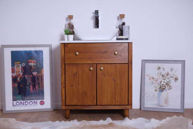 Handmade Pine Bathroom Vanity Cabinet - White Carrera Quartz Top, Washstand Walnut Finish - image 1