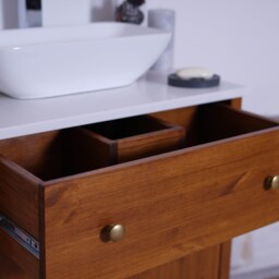 Handmade Pine Bathroom Vanity Cabinet - White Carrera Quartz Top, Washstand Walnut Finish - thumbnail 3