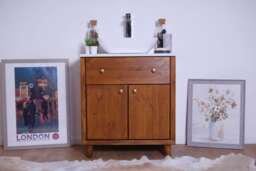 Handmade Pine Bathroom Vanity Cabinet - White Carrera Quartz Top, Washstand Walnut Finish - thumbnail 1