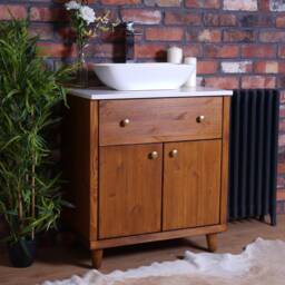 Handmade Pine Bathroom Vanity Cabinet - White Carrera Quartz Top, Washstand Walnut Finish - thumbnail 2