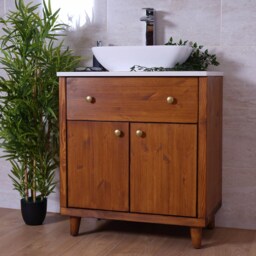 Handmade Pine Bathroom Vanity Cabinet - White Carrera Quartz Top, Washstand Walnut Finish - thumbnail 4