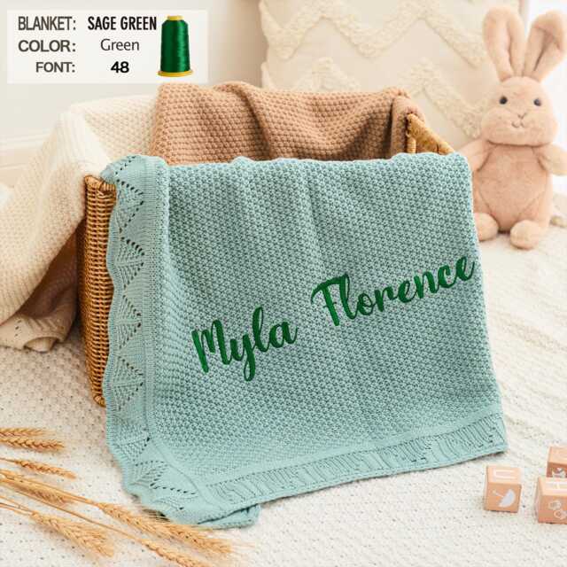 Personalized Embroidered Baby Blanket Soft Cotton Knit, Sage Green - image 1