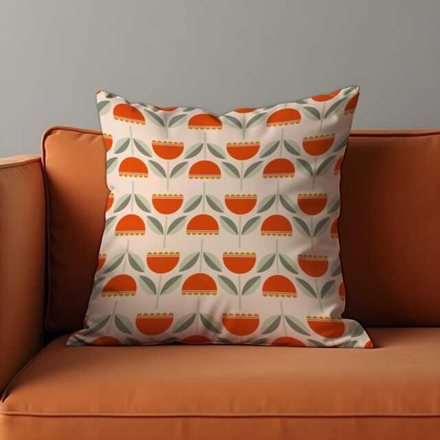 Retro Orange Tulip Flower Cushion Cover, Scandinavian Style Floral Throw Pillow Modern Or Classic Home Decor - image 1