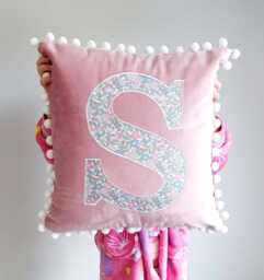 Liberty Cushion, Initial Bedroom Accessories, Personalised Velvet Pom Cushion. Pink Cushions - thumbnail 1