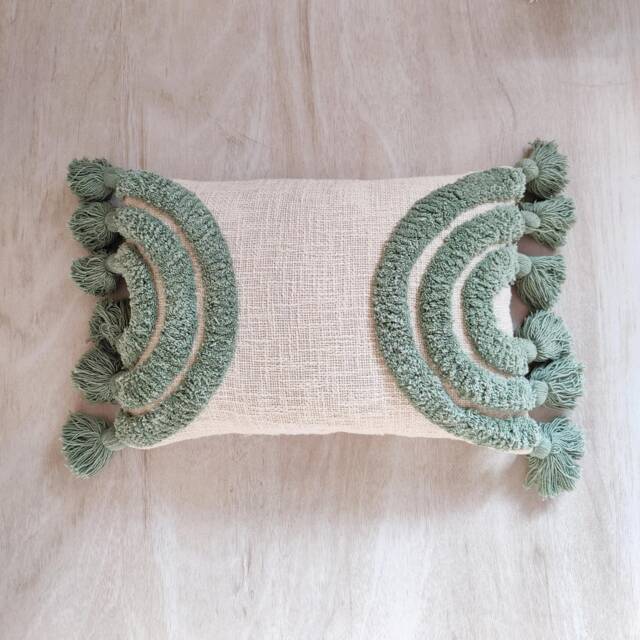 Ivory & Sage Green Boho Textured 100% Cotton Throw Pillow Case Embroidered Tufted 14x20 Cushion Cover Decorative Handmade - image 1