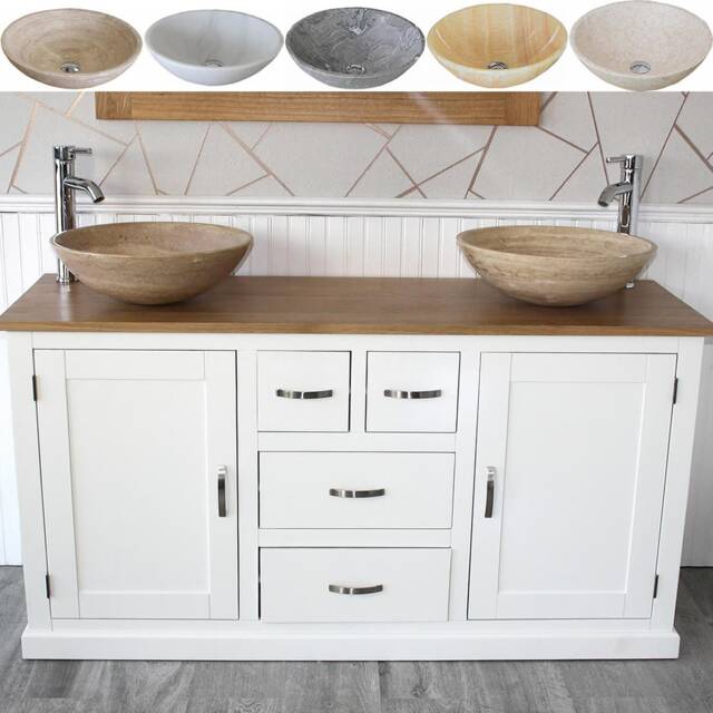 White Painted Bathroom Vanity Unit Cabinet Marble Travertine Bowl Basin Tap Plug 603Psbcx2 - image 1