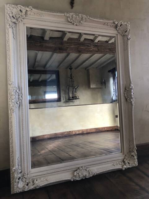 statement Antique White Ivory Cream Wooden Large Swept Gilt Ornate French Over Mantle Leaner Wall Beveled Mirror 7 Ft X 4 - image 1