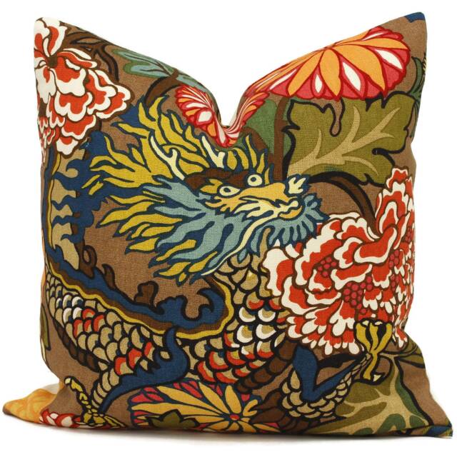 Schumacher Chiang Mai Dragon Pillow Covers Mocha Linen Accent Pillows - Set Of 2 - image 1