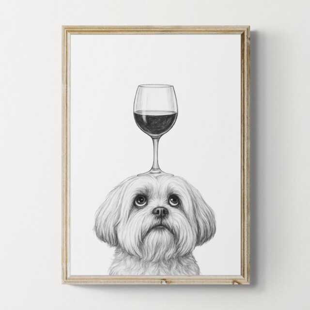 Lhasa Apso Dog Art Print, Funny & Wine Drawing, Lover Wall Decor, Lovers Gifts - image 1