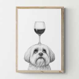 Lhasa Apso Dog Art Print, Funny & Wine Drawing, Lover Wall Decor, Lovers Gifts - thumbnail 1