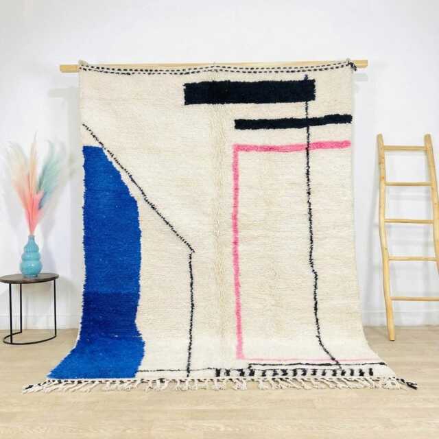 Minimalist Line Art Moroccan Rug - Black White Geometric Berber Large Wool Shag Modern Architectural Decor - image 1