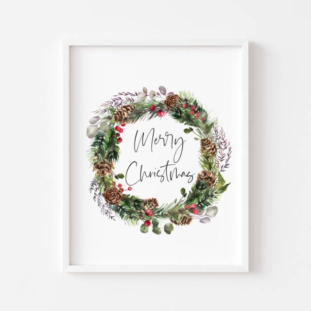 Christmas Wreath Art Print Acorns, Berries, Winter Foliage - Unframed - image 1