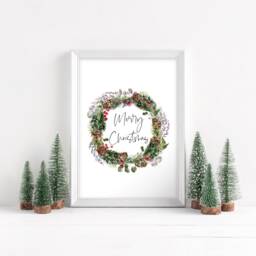 Christmas Wreath Art Print Acorns, Berries, Winter Foliage - Unframed - thumbnail 2