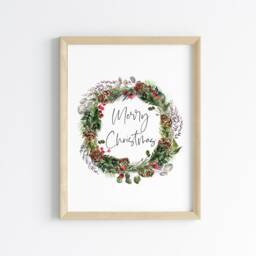 Christmas Wreath Art Print Acorns, Berries, Winter Foliage - Unframed - thumbnail 3