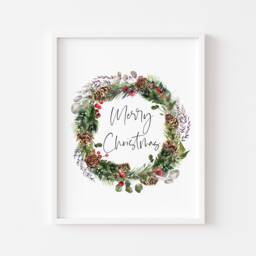 Christmas Wreath Art Print Acorns, Berries, Winter Foliage - Unframed - thumbnail 1