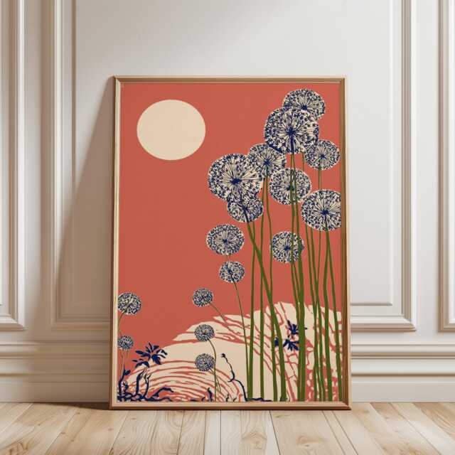 Full Moon & Wildflowers Art Print, Japanese Woodblock Style, Modern Floral Wall Decor, Terracotta Botanical Poster, Minimalist Nature - image 1