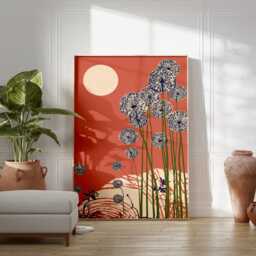 Full Moon & Wildflowers Art Print, Japanese Woodblock Style, Modern Floral Wall Decor, Terracotta Botanical Poster, Minimalist Nature - thumbnail 3