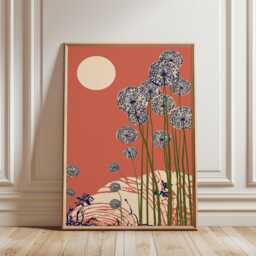 Full Moon & Wildflowers Art Print, Japanese Woodblock Style, Modern Floral Wall Decor, Terracotta Botanical Poster, Minimalist Nature