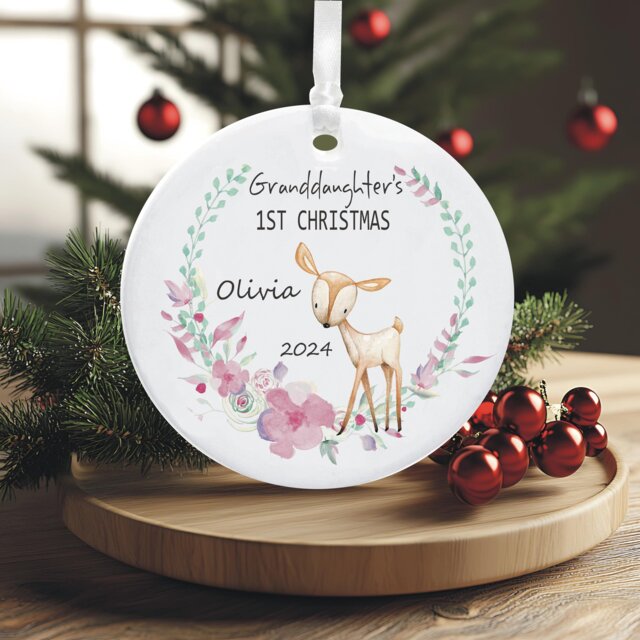 Granddaughter's First Christmas Personalised Tree Decoration - Cute Deer Round Holiday Ornament Ceramic Keepsake Xmas Bauble - image 1