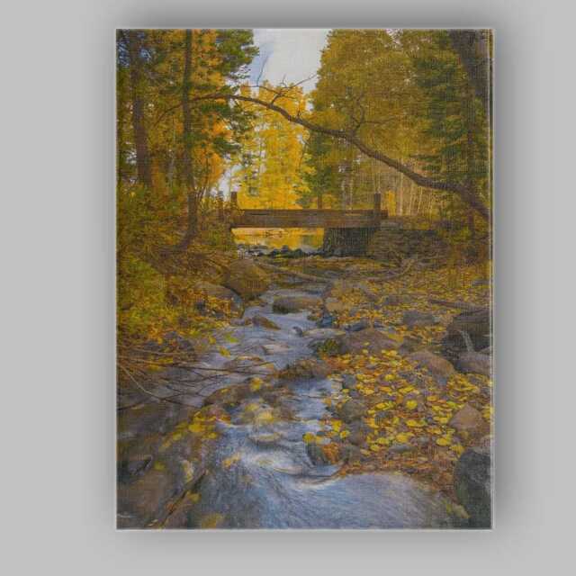 Golden Autumn Forest Bridge & Stream Nature Photography Canvas Wall Art Print Decor Picture Ready To Hang - image 1