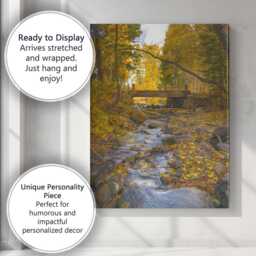 Golden Autumn Forest Bridge & Stream Nature Photography Canvas Wall Art Print Decor Picture Ready To Hang - thumbnail 3