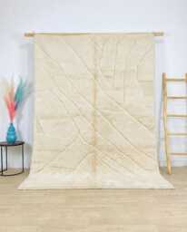 Cream Sculpted Texture Moroccan Rug - Solid Beni Ourain Shag Large Area Handmade Berber Wool Carpet Minimalist Japandi Decor