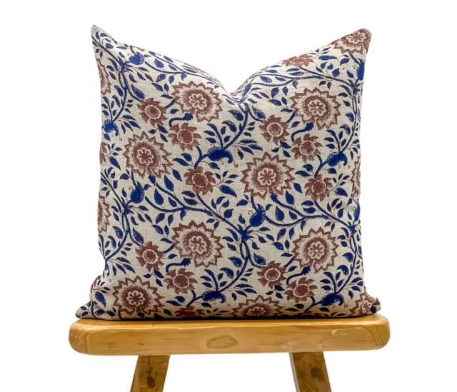 Designer Floral On Natural Linen Pillow Cover // Indigo Blue & Rust Brown Boho Decorative Throw Pillows - image 1