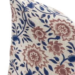 Designer Floral On Natural Linen Pillow Cover // Indigo Blue & Rust Brown Boho Decorative Throw Pillows - thumbnail 2