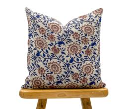 Designer Floral On Natural Linen Pillow Cover // Indigo Blue & Rust Brown Boho Decorative Throw Pillows - thumbnail 1