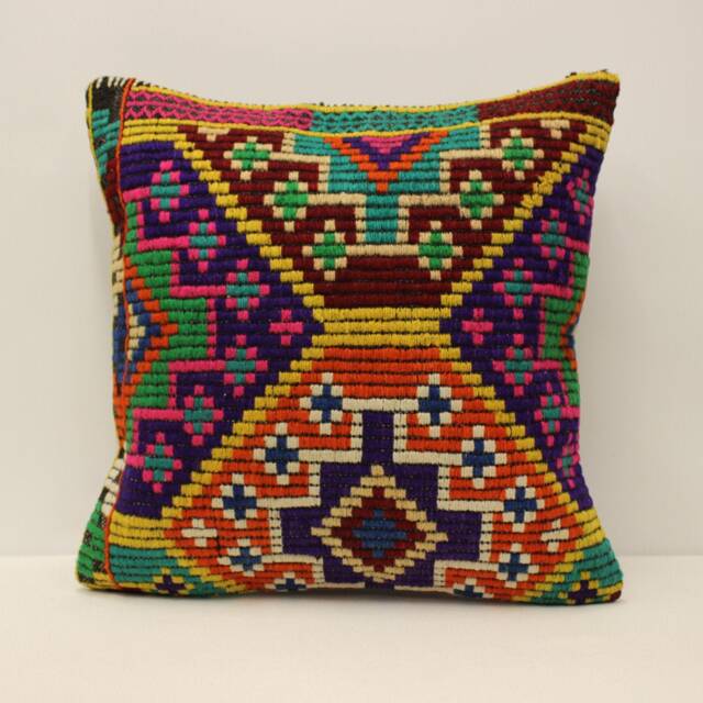 Vintage Kilim Pillow Cover, Bohemian Wool Cushion - 18x18 In - image 1