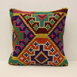 Vintage Kilim Pillow Cover, Bohemian Wool Cushion - 18x18 In - thumbnail 1