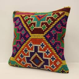 Vintage Kilim Pillow Cover, Bohemian Wool Cushion - 18x18 In - thumbnail 3