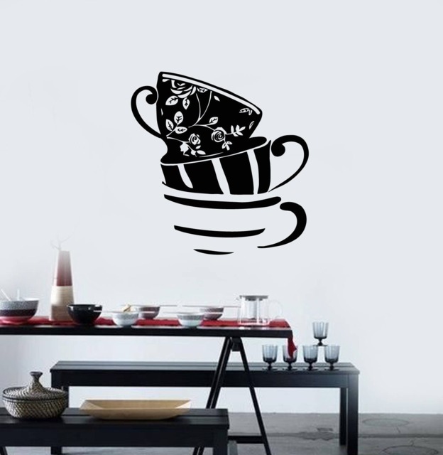 Tea Cups Vinyl Wall Decal Kitchen Dining Room Cafe Window Art Decor Stickers Mural - #2678Di - image 1