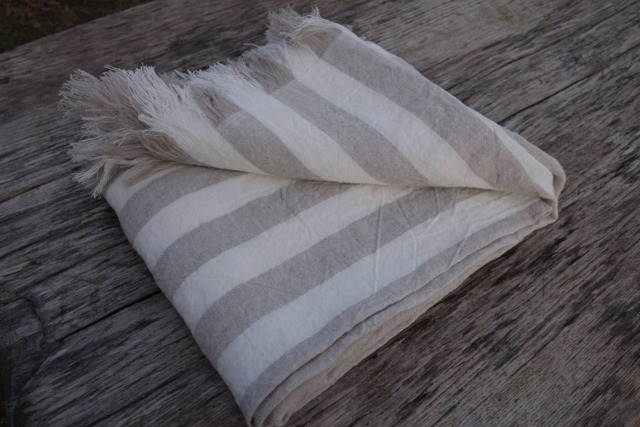 Linen Blanket, Fringed Linen Throw, Flax White Cream Striped Beach Damask Bedspread - image 1