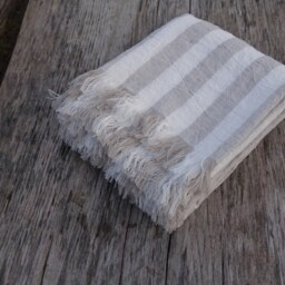 Linen Blanket, Fringed Linen Throw, Flax White Cream Striped Beach Damask Bedspread - thumbnail 2