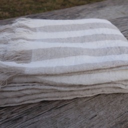 Linen Blanket, Fringed Linen Throw, Flax White Cream Striped Beach Damask Bedspread - thumbnail 4