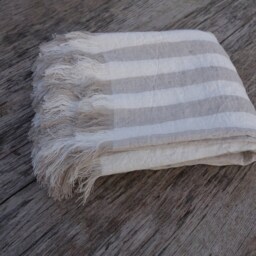 Linen Blanket, Fringed Linen Throw, Flax White Cream Striped Beach Damask Bedspread - thumbnail 3