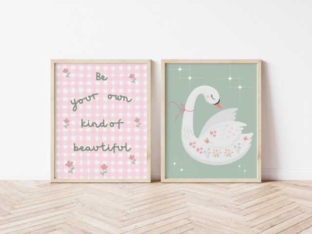 Floral Swan Print Set, Girl's Nursery Wall Decor - image 1
