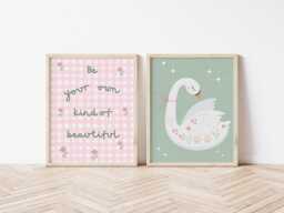 Floral Swan Print Set, Girl's Nursery Wall Decor - thumbnail 1