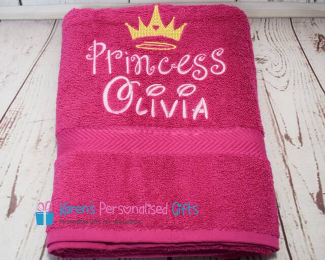 Personalised Kids Bath Towel, Pink Princess Children's Swim Embroidered - Choice Of Colours - image 1